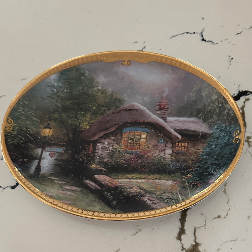 Thomas Kinkade Cottage Scene with Gold and Green Accents